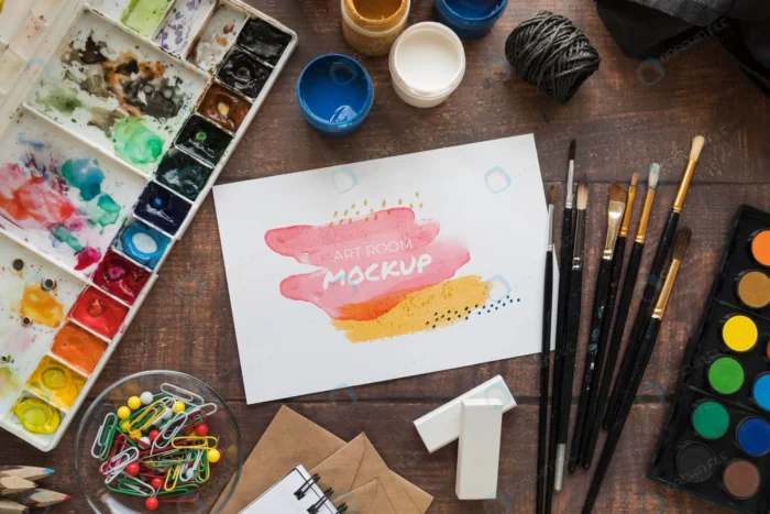 painting palette brushes crcb3810976 size94.77mb - title:موکاپ کاغذ با ابزار نقاشی روی میز - اورچین فایل - format:PSD - فتوشاپ - sku:crcb3810976 - keywords: p_id:87227