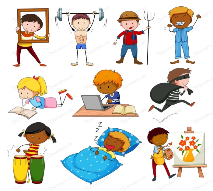 people doing different activities 2 crc80775685 size3.82mb - title:وکتور کارتونی کودکان در حال بازی - اورچین فایل - format:EPS - وکتور - sku:crc80775685 - keywords:وکتور کارتونی کودکان در حال بازی p_id:104193