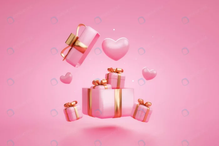 pink gift box with gold ribbon heart valentine lo crcebcb1040 - title:قلب و جعبه هدیه سه بعدی با پس زمینه صورتی - اورچین فایل - format:JPG - استوک - sku:crcebcb1040 - keywords: p_id:82225