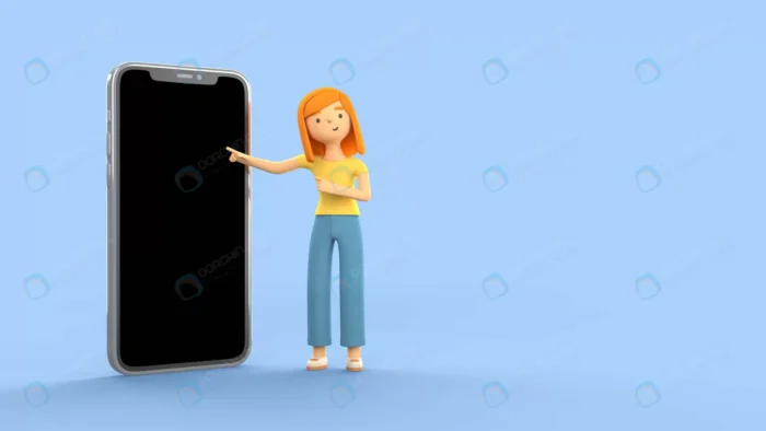 plastic woman with device mockup crca47d50f0 size9.54mb - title:کاراکتر 3 بعدی دختر در حال اشاره به موبایل - اورچین فایل - format:PSD - فتوشاپ - sku:crca47d50f0 - keywords: p_id:78641