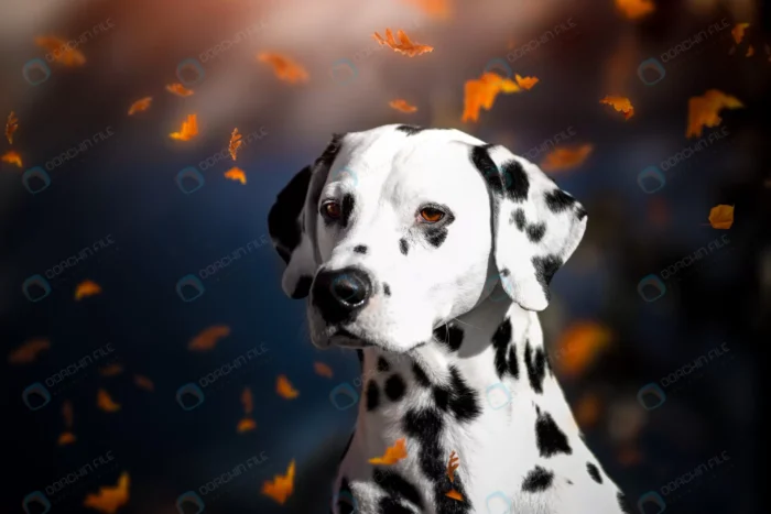 portrait dalmatian dog autumn leaf fall park crc57d36499 - title:تصویر سگ دالماسین و ریزش برگ های پاییزی - اورچین فایل - format:JPG - استوک - sku:crc57d36499 - keywords: p_id:80787