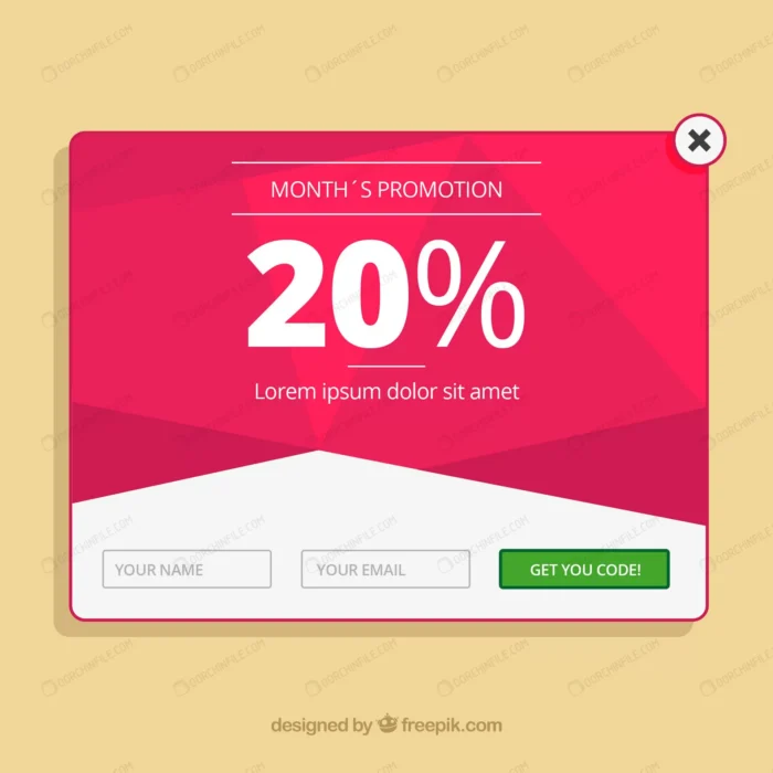 promotion pop up template with flat design crc5f2b92c3 size0.80mb - title:وکتور پاپ آپ فروش با تخفیف 20 درصد - اورچین فایل - format:EPS - وکتور - sku:crc5f2b92c3 - keywords:وکتور پاپ آپ فروش با تخفیف 20 درصد, وکتور, پاپ آپ اعلان, تخفیف ویژه, تخفیف/حراج, فایل تکی p_id:95245