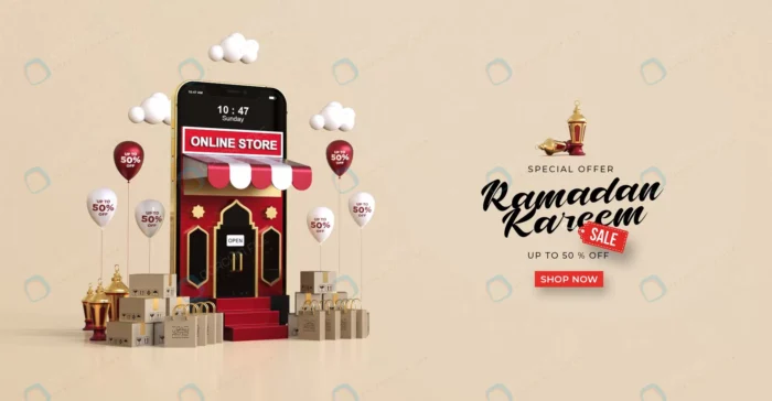 ramadan kareem sale banner template with 3d onlin crc7a4f8202 size30.31mb 1 - title:فایل لایه باز بنر 3 بعدی تخفیف ماه رمضان در فروشگاه اینترنتی - اورچین فایل - format:PSD - فتوشاپ - sku:crc7a4f8202 - keywords: p_id:51450