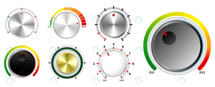 realistic plastic volume knob isolated crc2999b653 size1.17mb - title:مجموعه کنترل ولوم صدا - اورچین فایل - format:EPS - وکتور - sku:crc2999b653 - keywords: p_id:87705