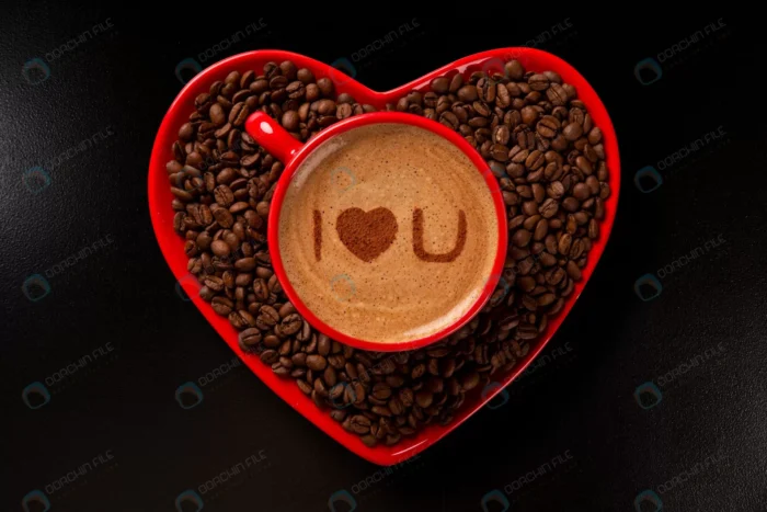 red cup coffee saucer heart shape with decorated crc2111d644 - title:عکس استوک فنجان قهوه با آرت و بشقاب با دانه های قهوه به شکل قلب - اورچین فایل - format:JPG - استوک - sku:crc2111d644 - keywords: p_id:35293