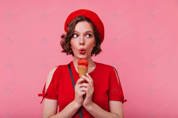 refined young woman glamorous beret eating ice cr crc5f86541f - title:عکس باکیفیت دختر با بستنی - اورچین فایل - format:JPG - استوک - sku:crc5f86541f - keywords: p_id:42757
