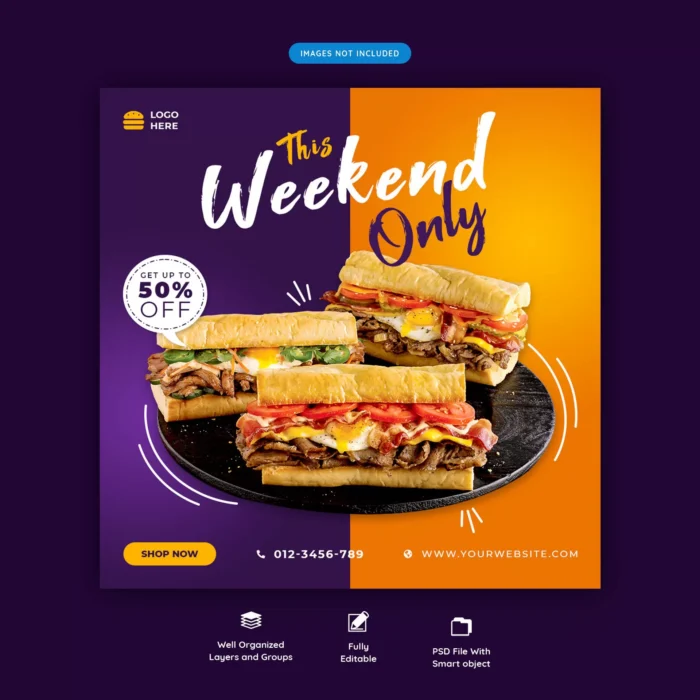 restaurant food menu social media post template crc9b6b26da size3.85mb - title:دانلود قالب لایه باز پست اینستاگرام با موضوع تخفیف هفتگی رستوران و فست فود - اورچین فایل - format:PSD - فتوشاپ - sku:crc9b6b26da - keywords: p_id:33428