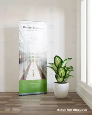 roll up banner mockup with plant beside window crc7f8a692b size53.88mb - title:Home - اورچین فایل - format: - sku: - keywords: p_id:18