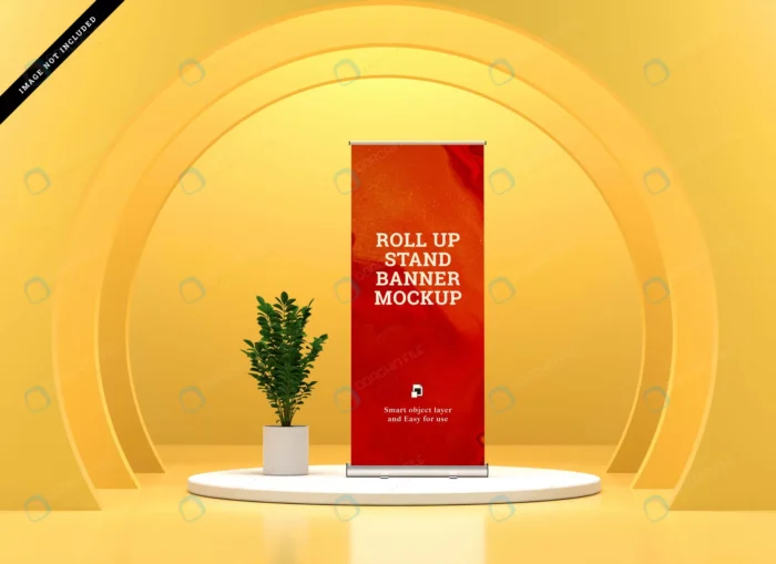 roll up banner stand mockup crc618056da size72.84mb - title:موکاپ بنر رول آپ روی پدیوم - اورچین فایل - format:PSD - فتوشاپ - sku:crc618056da - keywords: p_id:40785