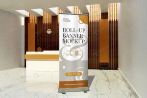 roll up standing banner mockup front reception de crc63886030 size24.89mb - title:Home - اورچین فایل - format: - sku: - keywords: p_id:18