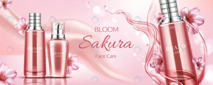 sakura cosmetics bottles advertising banner face crc0cf34659 size6.35mb - title:وکتور رئال تبلیغاتی آرایشی و زیبایی - اورچین فایل - format:EPS - وکتور - sku:crc0cf34659 - keywords: p_id:61157