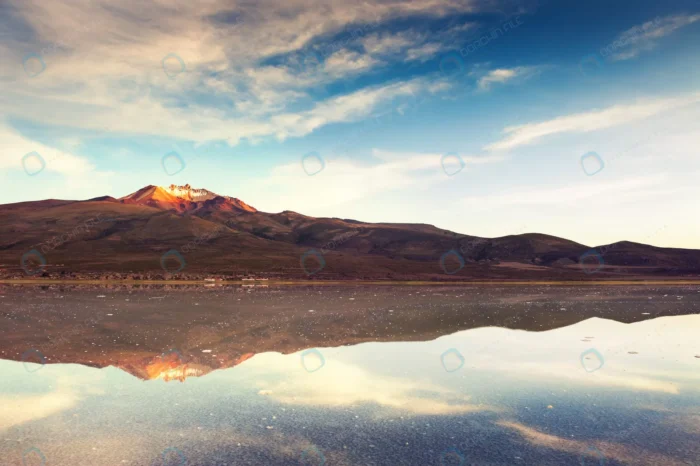 salt flat salar de uyuni volcano tunupa sunrise a crc426e5e3b - title:استوک انعکاس تپه در آب - اورچین فایل - format:JPG - استوک - sku:crc426e5e3b - keywords: p_id:53757