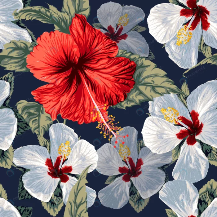 seamless pattern floral with hibiscus flowers abs crc490fcdbc size33.91mb - title:پترن بدون درز گل قرمز و سفید - اورچین فایل - format:EPS - وکتور - sku:crc490fcdbc - keywords: p_id:75865