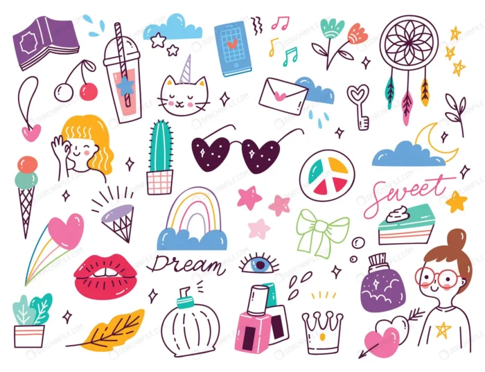 set cute girly doodles crced8a5834 size1.71mb - title:مجموعه وکتور اکسسوری و آرایشی - اورچین فایل - format:EPS - وکتور - sku:crced8a5834 - keywords: p_id:96819
