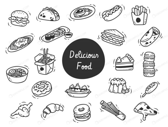 set delicious food doodle crcb29d66e3 size2.30mb - title:مجموعه آیکون کیک و فست فود - اورچین فایل - format:EPS - وکتور - sku:crcb29d66e3 - keywords: p_id:96821