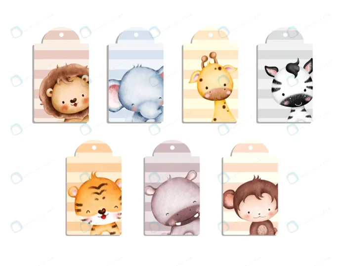 set hangtag label with baby safari animal stripe crcba727079 size37.25mb - title:مجموعه لیبل با موضوع حیوانات بامزه - اورچین فایل - format:EPS - وکتور - sku:crcba727079 - keywords: p_id:77811