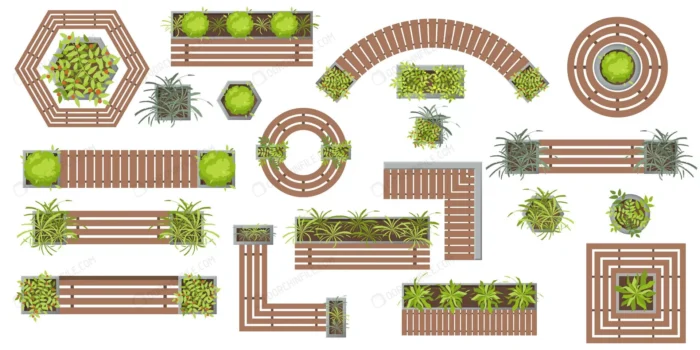 set vector wooden benches plants pots landscape d crc821e6c37 size4.23mb - title:انواع نیمکت چوبی پارک از نمای تاپ - اورچین فایل - format:EPS - وکتور - sku:crc821e6c37 - keywords: p_id:91163
