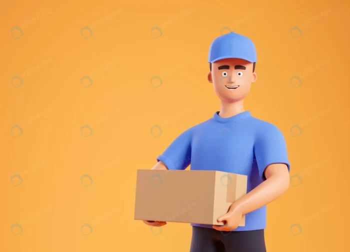 side view happy cartoon courier man blue t shirt crc27b83cfd - title:عکس پیک موتوری با جعبه - اورچین فایل - format:JPG - استوک - sku:crc27b83cfd - keywords: p_id:82159