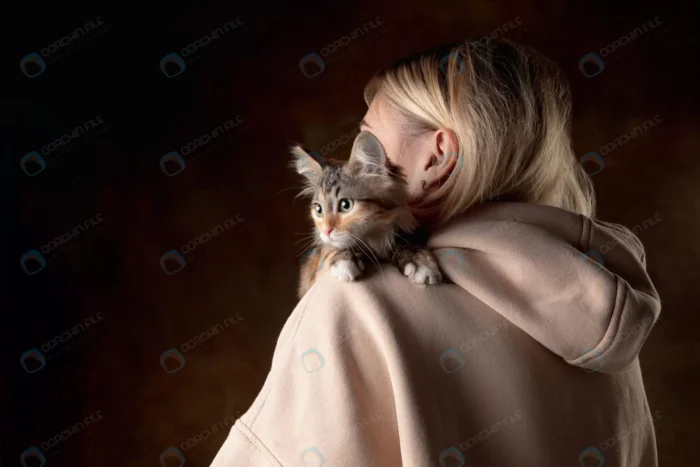 small purebred kitten sitting shoulder young woma crce89d7846 size11.19mb 5477x3651 1 - title:استوک گربه کوچک در بغل یک دختر - اورچین فایل - format:JPG - استوک - sku:crce89d7846 - keywords: p_id:47840