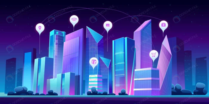 smart city infographic icons night crc89df0665 size2.58mb - title:نمای سه بعدی شهر با فرمت وکتور، برای مشخص کردن لوکیشن های خاص شهری - اورچین فایل - format:EPS - وکتور - sku:crc89df0665 - keywords: p_id:34767