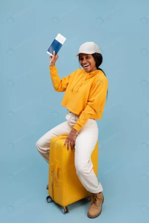 smiley woman holding passport full shot rnd456 frp25607755 - title:Home - اورچین فایل - format: - sku: - keywords: p_id:18