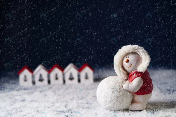 snowman rolls snowball background small houses da crc3d31c256 - title:عکس آدم برفی با کلاه خز دار - اورچین فایل - format:JPG - استوک - sku:crc3d31c256 - keywords: p_id:81999