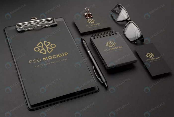 stationery dark copper mockup crc50d52a8b size78.48mb - title:موکاپ لوازم التحریر با پس زمینه تیره - اورچین فایل - format:PSD - فتوشاپ - sku:crc50d52a8b - keywords: p_id:79665