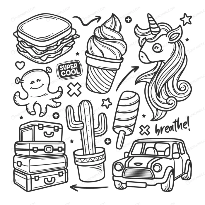 stickers hand drawn doodle crc8f7bf40a size4.12mb - title:دودل آرت اسب یونیکورن و کاکتوس - اورچین فایل - format:EPS - وکتور - sku:crc8f7bf40a - keywords: p_id:96855