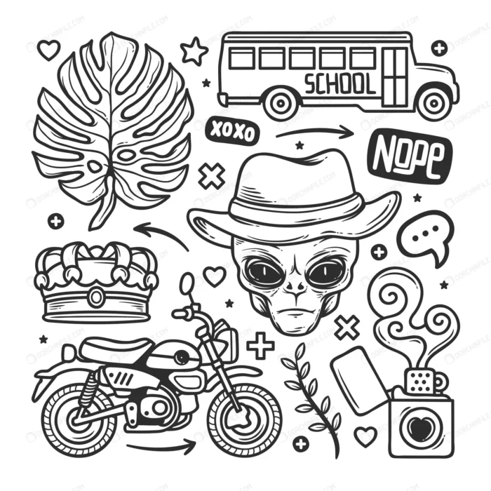 stickers hand drawn doodle crcd071a6bc size3.74mb - title:دودل آرت اتوبوس مدرسه و فندک - اورچین فایل - format:EPS - وکتور - sku:crcd071a6bc - keywords: p_id:96861