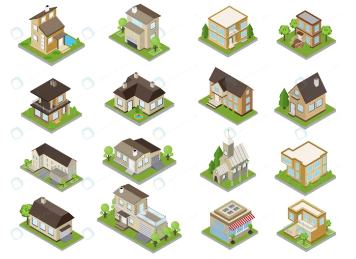 suburbia buildings icons set with townhouses chur crceb910366 size5.62mb - title:طرح سه بعدی ایزومتریک ساختمان های مسکونی و ویلایی با درخت - اورچین فایل - format:EPS - وکتور - sku:crceb910366 - keywords: p_id:34887