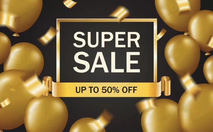 super sale banner with golden air balloons confet crc52b36e3d size10.86mb - title:وکتور فروش با تخفیف - اورچین فایل - format:EPS - وکتور - sku:crc52b36e3d - keywords: p_id:96609