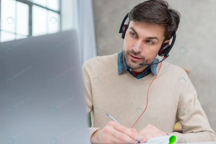 teacher with headphones having online meeting crc2263aa89 - title:تصویر استوک تدریس آنلاین - اورچین فایل - format:JPG - استوک - sku:crc2263aa89 - keywords: p_id:38239