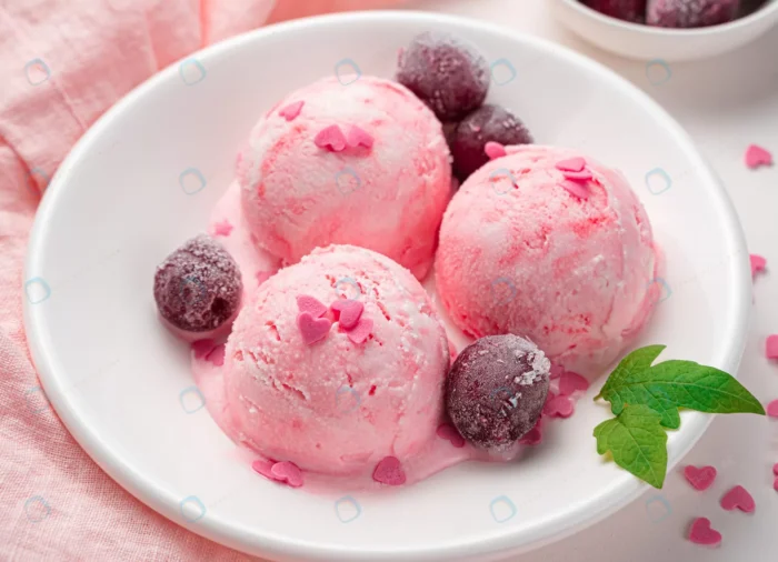 three balls ice cream with frozen cherries hearts crc47343096 - title:تصویر اسکوپ بستنی با گیلاس - اورچین فایل - format:JPG - استوک - sku:crc47343096 - keywords: p_id:62426