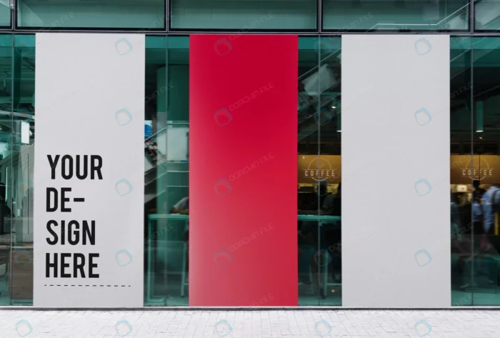 three large banner mockups in front of coffee sho crcaee5ff79 size183.04mb - title:موکاپ استند رول آپ کافی شاپ - اورچین فایل - format:PSD - فتوشاپ - sku:crcaee5ff79 - keywords: p_id:40815