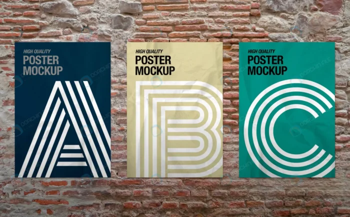 three posters brick wall mockup crcf972da14 size82.81mb - title:موکاپ پوستر روی دیوار آجری قدیمی - اورچین فایل - format:PSD - فتوشاپ - sku:crcf972da14 - keywords: p_id:83175