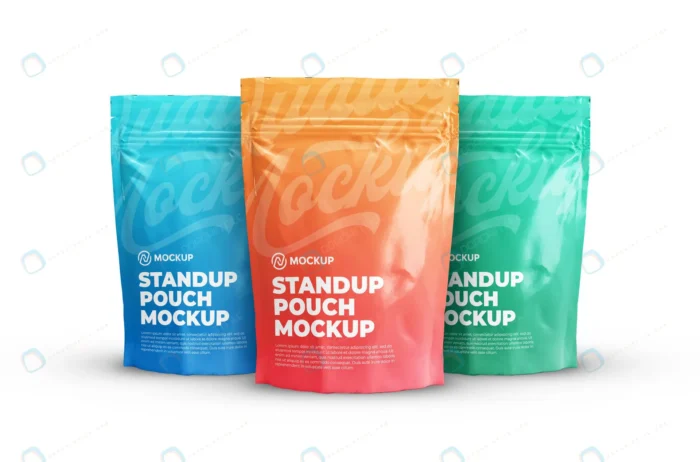 three realistic standup zipper pouch bag mockup fr rnd755 frp16732299 - title:مجموعه موکاپ کیسه ایستاده زیپ دار - اورچین فایل - format:PSD - فتوشاپ - sku:frp16732299 - keywords: p_id:67816