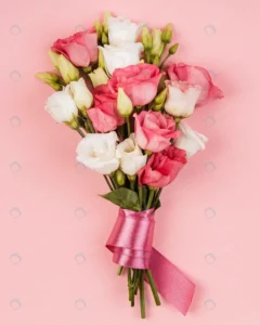 top view beautiful roses bouquet with pink ribbon crca7a10892 size0.64mb 2726x3407 - title:Home - اورچین فایل - format: - sku: - keywords: p_id:18