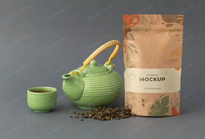 top view craft doypack mockup crcb1c95807 size68.72mb - title:موکاپ بسته دارویی در کنار قوری با فرمت فتوشاپ - اورچین فایل - format:PSD - فتوشاپ - sku:crcb1c95807 - keywords: p_id:55740