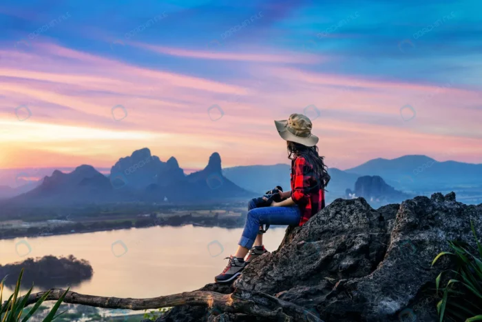 tourist sitting phu sub lek viewpoint sunset lopb crcc6560da0 - title:عکس دختر بر روی صخره با دوربین - اورچین فایل - format:JPG - استوک - sku:crcc6560da0 - keywords: p_id:63143