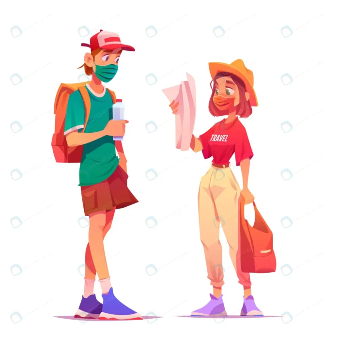 tourists backpackers medic masks learning map sea crcd3f6a878 size1.46mb - title:وکتور دختر و پسر گردشگر - اورچین فایل - format:EPS - وکتور - sku:crcd3f6a878 - keywords: p_id:77597