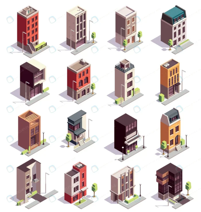 townhouse buildings isometric set sixteen isolate crc4d15d11d size5.18mb - title:طرح سه بعدی ایزومتریک ساختمان های مسکونی آپارتمانی - اورچین فایل - format:EPS - وکتور - sku:crc4d15d11d - keywords: p_id:34883