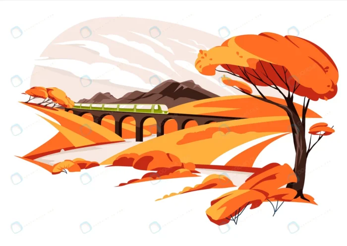 train viaduct among autumn yellow hills meadows w crcecd5ed70 size1.91mb - title:وکتور طبیعت پاییزی راه آهن - اورچین فایل - format:EPS - وکتور - sku:crcecd5ed70 - keywords: p_id:62977