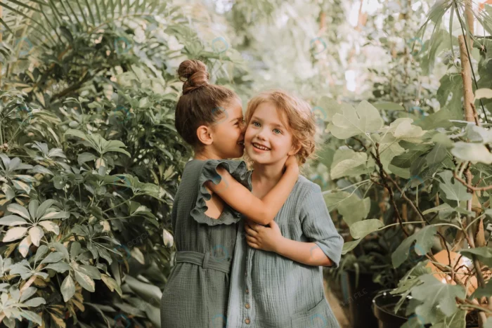 two beautiful little girls walk botanical garden crc5afc55ba - title:عکس دختر بچه ها در حال بازی - اورچین فایل - format:JPG - استوک - sku:crc5afc55ba - keywords: p_id:63149