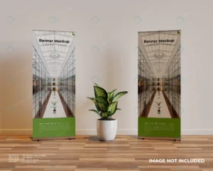 two roll up banner mockup in interior scene with crc38cfa51e size46.56mb - title:Home - اورچین فایل - format: - sku: - keywords: p_id:18