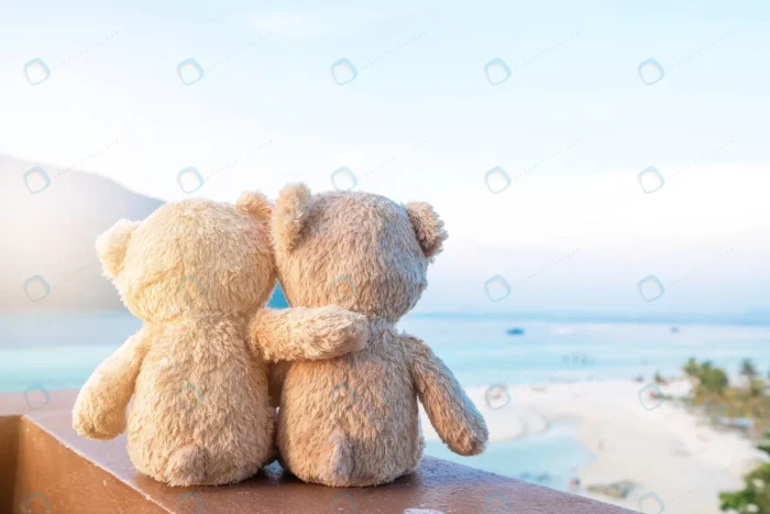 two teddy bears sitting sea view love relationshi crc1392e66b - title:تصویر استوک عروسک خرسی ویژه ولنتاین - اورچین فایل - format:JPG - استوک - sku:crc1392e66b - keywords: p_id:63411