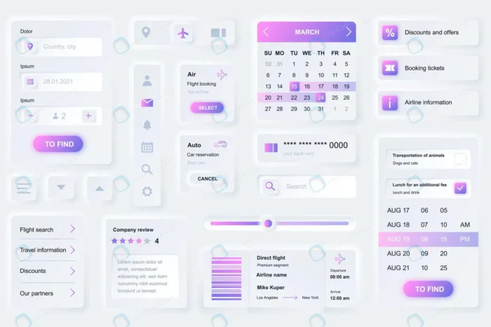 user interface elements booking travel mobile app crcc397c46b size3.79mb - title:رابط کاربری با دکمه و تقویم سبک نئومورفیسم - اورچین فایل - format:EPS - وکتور - sku:crcc397c46b - keywords: p_id:88793