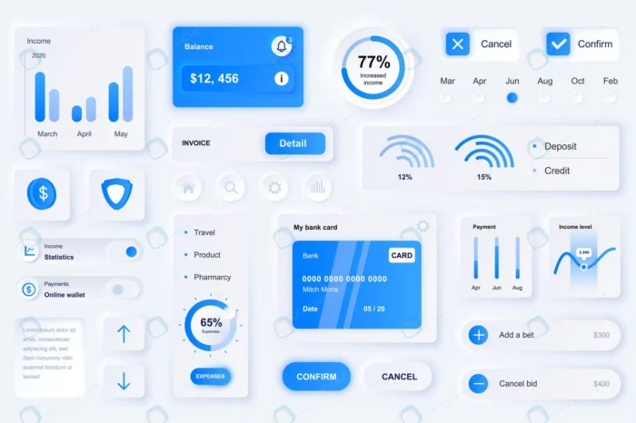 user interface elements finance mobile app crcfd07afd7 size4.21mb - title:رابط کاربری نئومورفیسم با تم آبی - اورچین فایل - format:EPS - وکتور - sku:crcfd07afd7 - keywords: p_id:88799