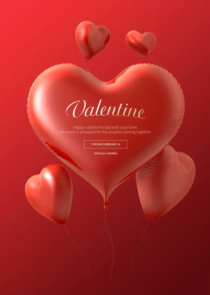valentine banner 7 - title:دانلود تبریک روز ولنتاین با پس زمینه قرمز و بادکنک قلبی سه بعدی در فرمت PSD - اورچین فایل - format:EPS - وکتور - sku:4817 - keywords: p_id:30452