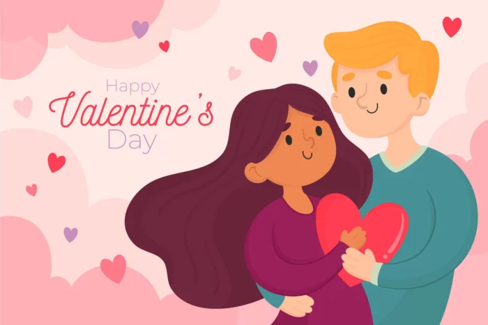 valentine s day background with couple - title:دانلود وکتور تبریک روز ولنتاین با کاراکتر دختر و پسر و قلب در دست - اورچین فایل - format:EPS - وکتور - sku:4766 - keywords: p_id:30398