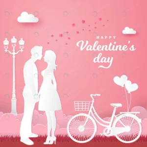 valentine s day greeting card couple love holding hands looking each other with bicycle pink paper cut style illustration 1 - title:Home - اورچین فایل - format: - sku: - keywords: p_id:18